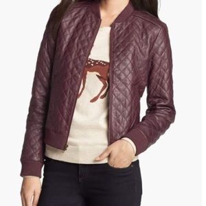 HALOGEN Burgundy Quilted Leather Bomber